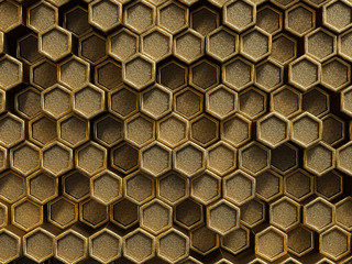 Gold geometric hexagon pattern, 3d rendering