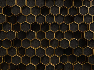 Gold and black geometric hexagon pattern, golden rough texture metallic background, 3d rendering - obrazy, fototapety, plakaty
