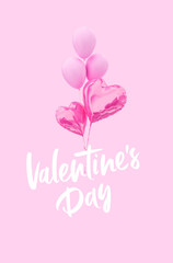 Valentines day greeting card, pink Valentine lettering and flying balloons and hearts banner, 3d rendering