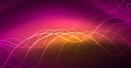 Abstract shiny glowinng color wave design element on dark background - science or technology concept