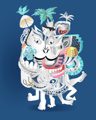 Abstract doodle cartoon like a dancing on blue background.