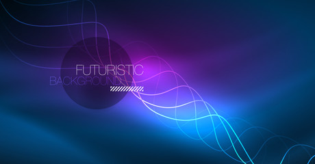 Glowing abstract wave on dark, shiny motion, Christmas and New Year magic space light. Techno abstract background