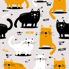 Gelukkig katten, met de hand getekende achtergrond. Kleurrijk naadloos patroon met dieren. Decoratief schattig behang, goed om te bedrukken. Overlappende achtergrond vector. Ontwerp illustratie