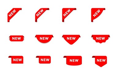 Stickers for new products in the store. New red ribbon tag. Banner ribbon with shadow. New labels, sale posters. Vector set sticker icons