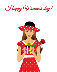 Happy women's day greeting card with cute girl in red dress