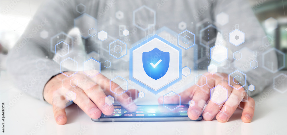 Poster man holding a shield web security concept 3d rendering