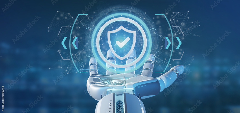 Poster cyborg hand holding a technology security icon on a circle 3d rendering