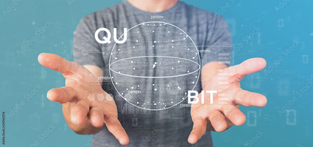 Poster businessman holding quantum computing concept with qubit icon 3d rendering