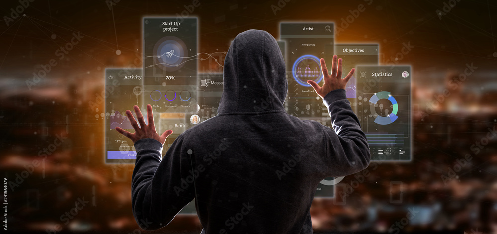 Poster hacker man holding user interface screens with icon, stats and data 3d rendering