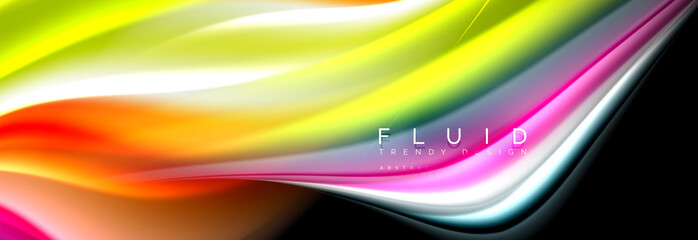 Bright colorful liquid fluid lines on black, modern abstract background