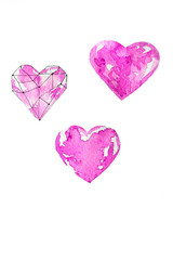 Watercolor valentine illustrations hearts isolated on white, copy space