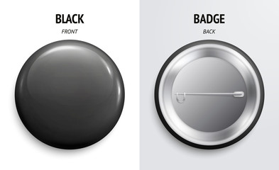 Blank black glossy badge or button. 3d render. Round plastic pin, emblem, volunteer label. Front and Back Side. Vector.
