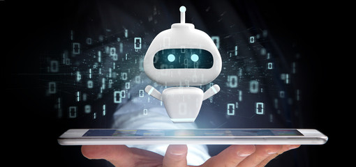 Businessman holding Chatbot with binary code 3d rendering