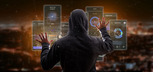 Hacker man holding User interface screens with icon, stats and data 3d rendering