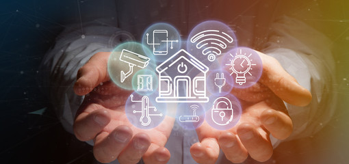 Businessman holding Smart home interface with icon, stats and data 3d rendering