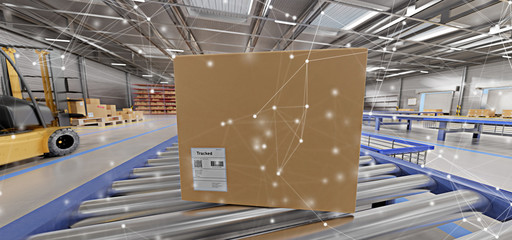 Connection over a warehouse goods stock background 3d rendering