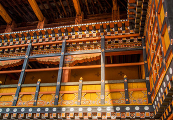 The inner courtyard of the dzong in Bhutan, traditional Bhutan architecture