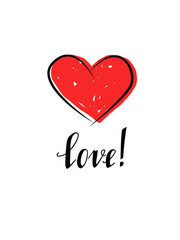 Hand lettering card. The inscription Love. Calligraphic design element. Symbol red heart.