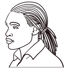 Hand-drawn head of an African-American male with long-haired camel and business shirt. frontal, profile, and from the side, neutral facial expression. ouline, comic, face, portrait.