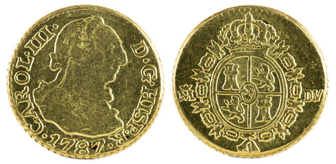 Ancient Spanish gold coin of King Carlos III. With a value of medio escudo and minted in Madrid. 1787.