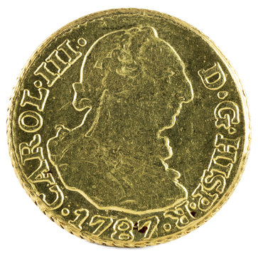Ancient Spanish gold coin of King Carlos III. With a value of medio escudo and minted in Madrid. 1787. Obverse.