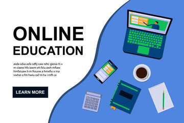 Online education background. Web design template with notebook, hands, phone and coffee. Vector illustration
