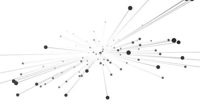 Abstract animation. The appearance and chaotic movement of black dots halftone on a white background with growing rays and space for corporate logo and text.