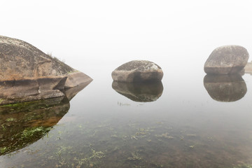 Landscape with fog in the natural area of the Barruecos. Extremadura. Spain.