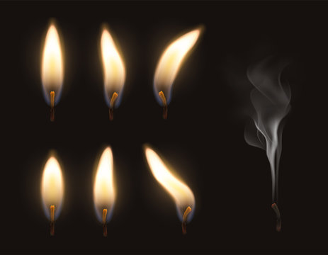 Vector 3d realistic candle fire flame set burning and extinguished with smoke