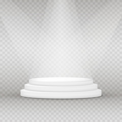 Round pedestal for display. Realistic illuminated platform for design. Winner podium. Vector