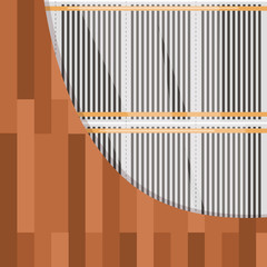 Infrared heatig floor system under wooden covering. Installing film and top covering. Vector flat