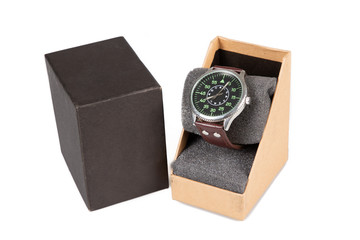 wrist luxury man clock in gift box against white background