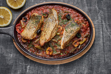 Stewed perch in tomato sauce, serve food in the Provencal style, in a pan. top view , copy Space.