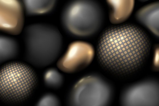 Abstract background with spheres in gold and black color, vector banner
