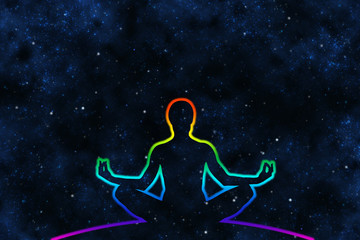 Fototapeta na wymiar Female yoga figure against universe background, stroked by colorful blured line, meditation.