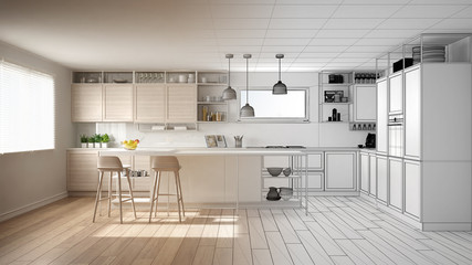 Architect interior designer concept: unfinished project that becomes real, kitchen with wooden details and parquet floor, minimalistic design idea, island with stools