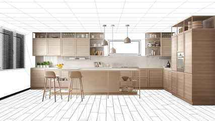 Interior design project draft, work in progress concept idea, real modern white and wooden kitchen in sketched background, architect designer project desktop screen-shot
