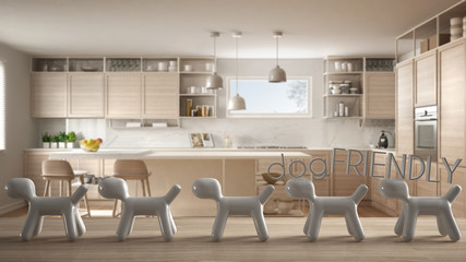 Wooden table top or shelf with line of stylized dogs, dog friendly concept, love for animals, animal dog proof home, modern white kitchen with island and stools, cool interior design