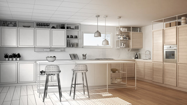 Architect interior designer concept: unfinished project that becomes real, kitchen with wooden details and parquet floor, minimalistic design idea, island with stools
