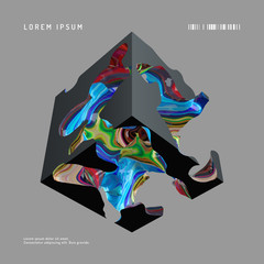 Abstract vector background. Modern composition with black cube and multi-colored entrails, wall art poster template.