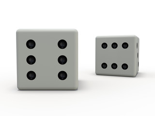 White playing dice isolated on white background. 3D