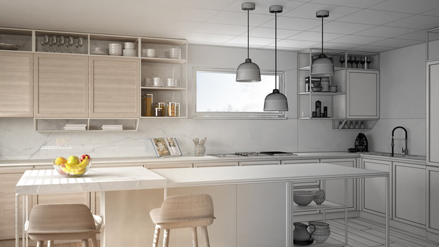 Architect interior designer concept: unfinished project that becomes real, kitchen with wooden details and parquet floor, minimalistic design idea, island with stools