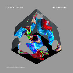 Abstract vector background. Modern composition with black cube and multi-colored entrails, wall art poster template.