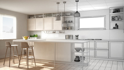 Architect interior designer concept: unfinished project that becomes real, kitchen with wooden details and parquet floor, minimalistic design idea, island with stools