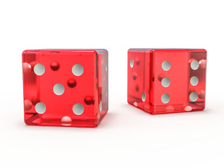 Red glass playing dice isolated on white background. 3D