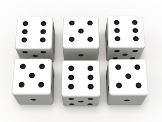 White playing dice isolated on white background. 3D