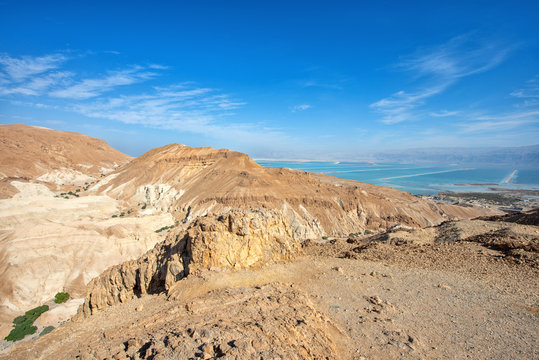 View of Judean desert landscape and Dead sea.