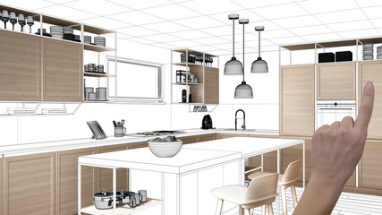 Unfinished project, under construction draft, concept interior design sketch, hand pointing real wooden kitchen with blueprint background, architect and designer idea