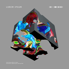 Abstract vector background. Modern composition with black cube and multi-colored entrails, wall art poster template.