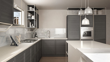 Modern white and gray kitchen with wooden details and parquet floor, modern pendant lamps, minimalistic interior design concept idea, island with stools and accessories